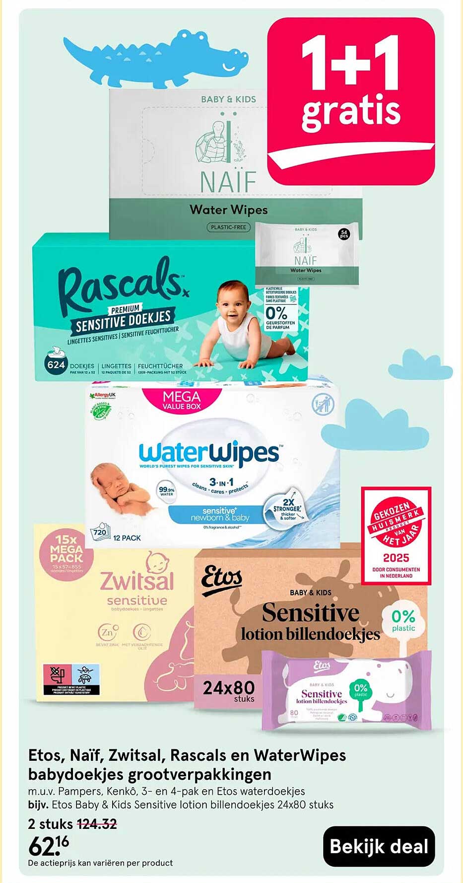 Etos, Naïf, Zwitsal, Rascals en WaterWipes babydoekjes grootverpakkingen 1+1 gratis
