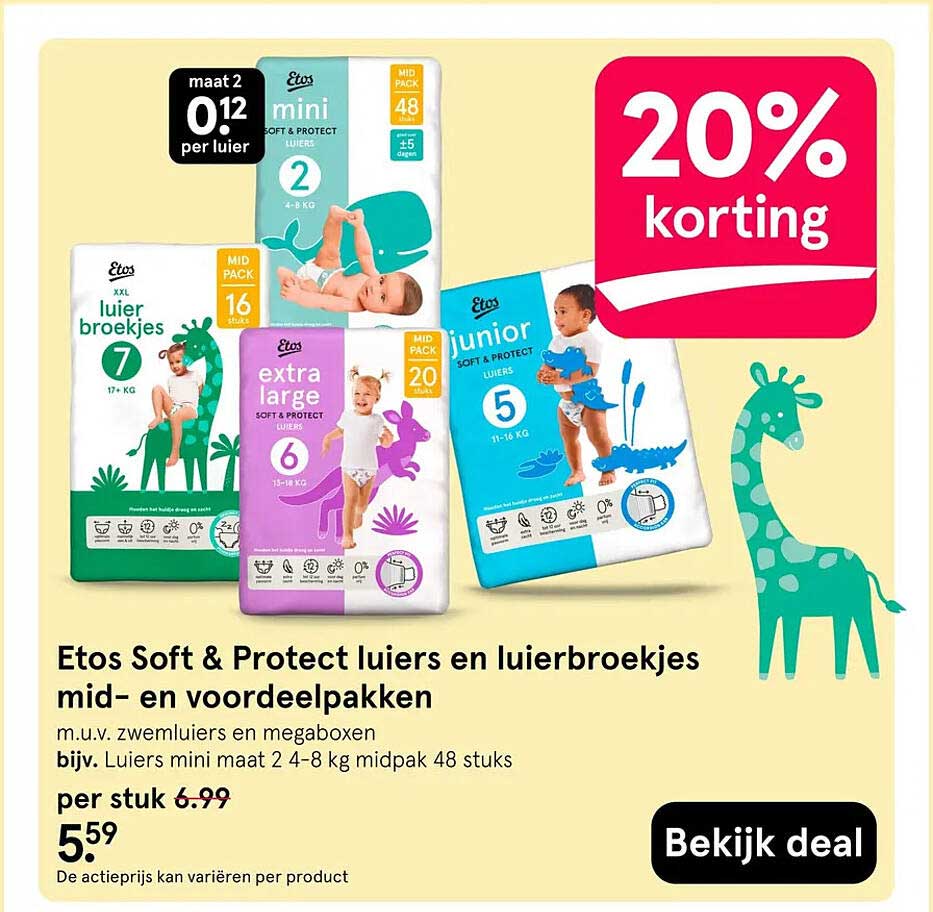 Etos Soft & Protect luiers en luierbroekjes mid- en voordeelpakken 20% korting