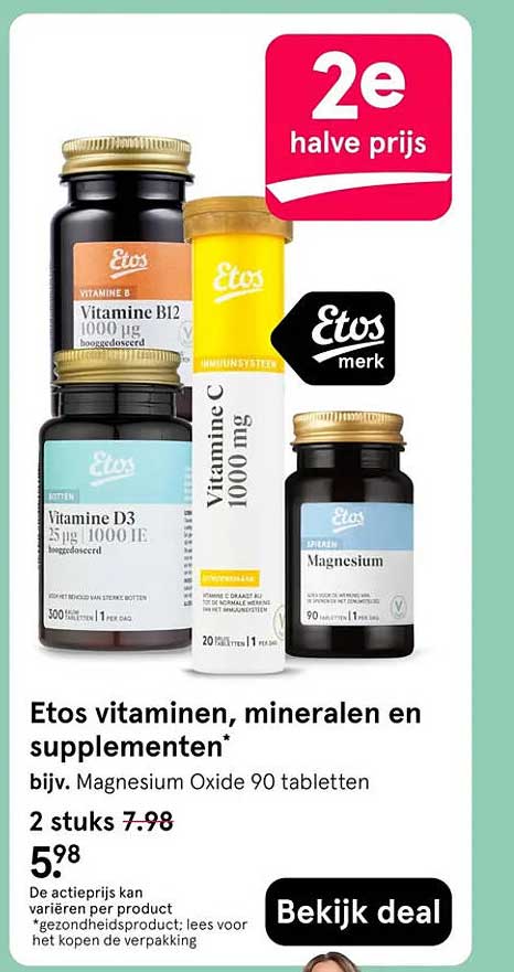 Etos vitaminen, mineralen en supplementen 2e halve prijs