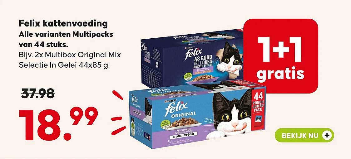 Felix kattenvoeding Alle varianten Multipacks van 44 stuks. Bijv. 2x Multibox Original Mix Selectie In Gelei 44x85 g. 1+1 gratis