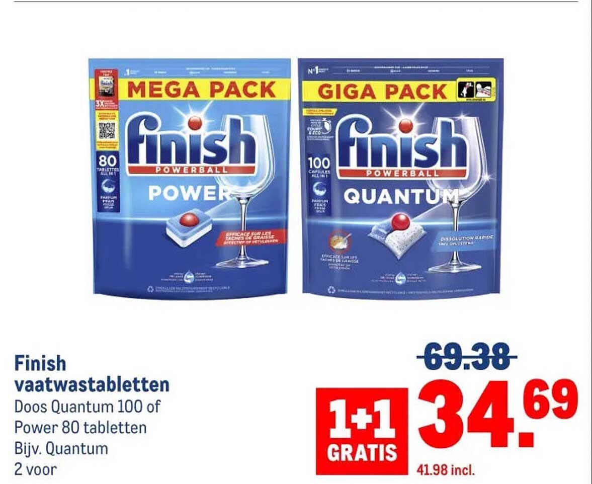 Finish vaatwastabletten Doos Quantum 100 of Power 80 tabletten Bijv. Quantum 2 voor 1+1 GRATIS