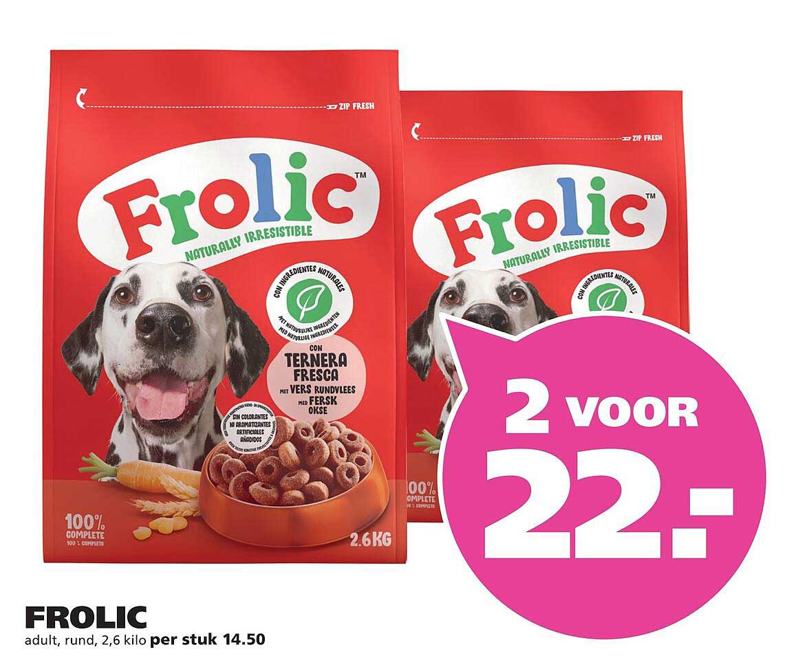 Frolic adult, rund, 2,6 kilo 2 voor 22.-