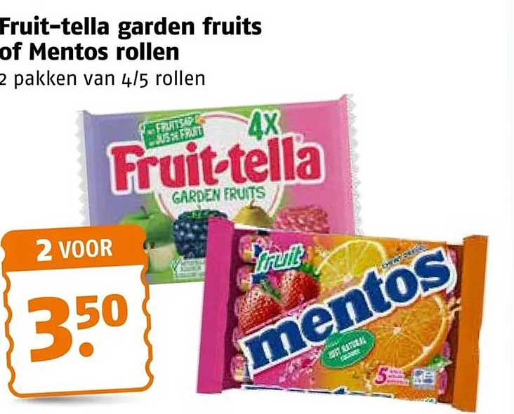 Fruit-tella garden fruits of Mentos rollen 2 pakken van 4/5 rollen