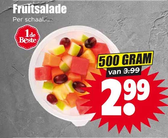 Fruitsalade Per schaal 500 GRAM van 3.99