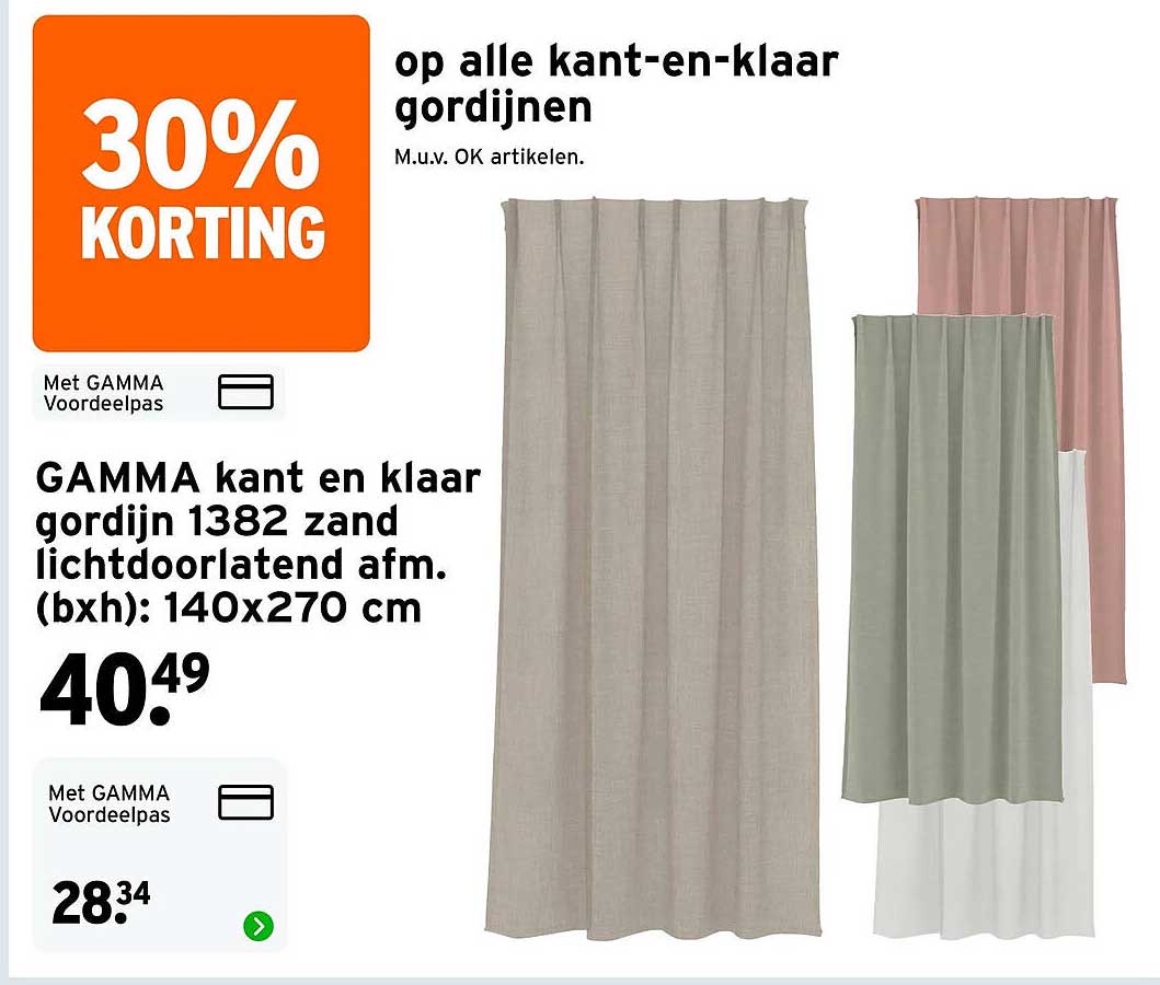 GAMMA kant en klaar gordijn 1382 zand lichtdoorlatend afm. (bxh): 140x270 cm 30% KORTING