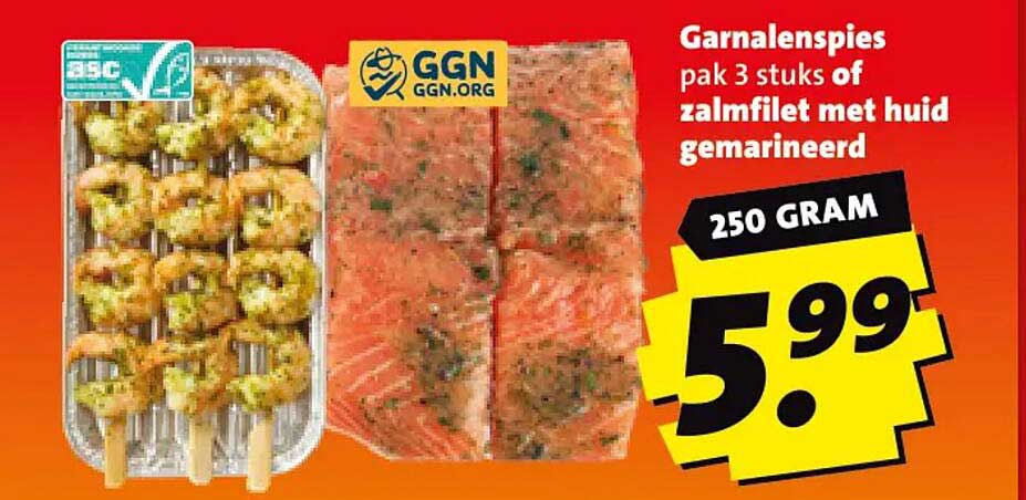 Garnalenspies pak 3 stuks of zalmfilet met huid gemarineerd 250 gram