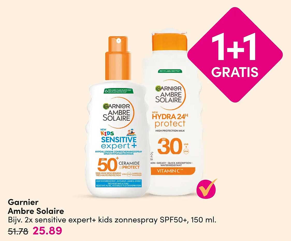 Garnier Ambre Solaire Bijv. 2x sensitive expert+ kids zonnepray SPF50+, 150 ml. 1+1 GRATIS