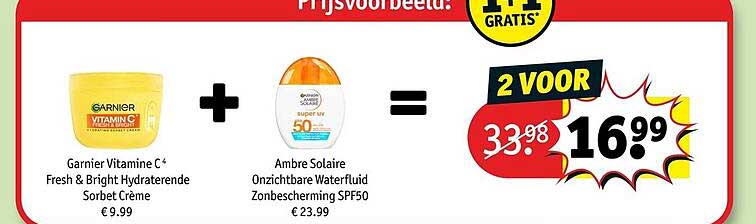 Garnier Vitamine C* Fresh & Bright Hydraterende Sorbet Crème + Ambre Solaire Onzichtbare Waterfluid Zonnebescherming SPF50 2 voor