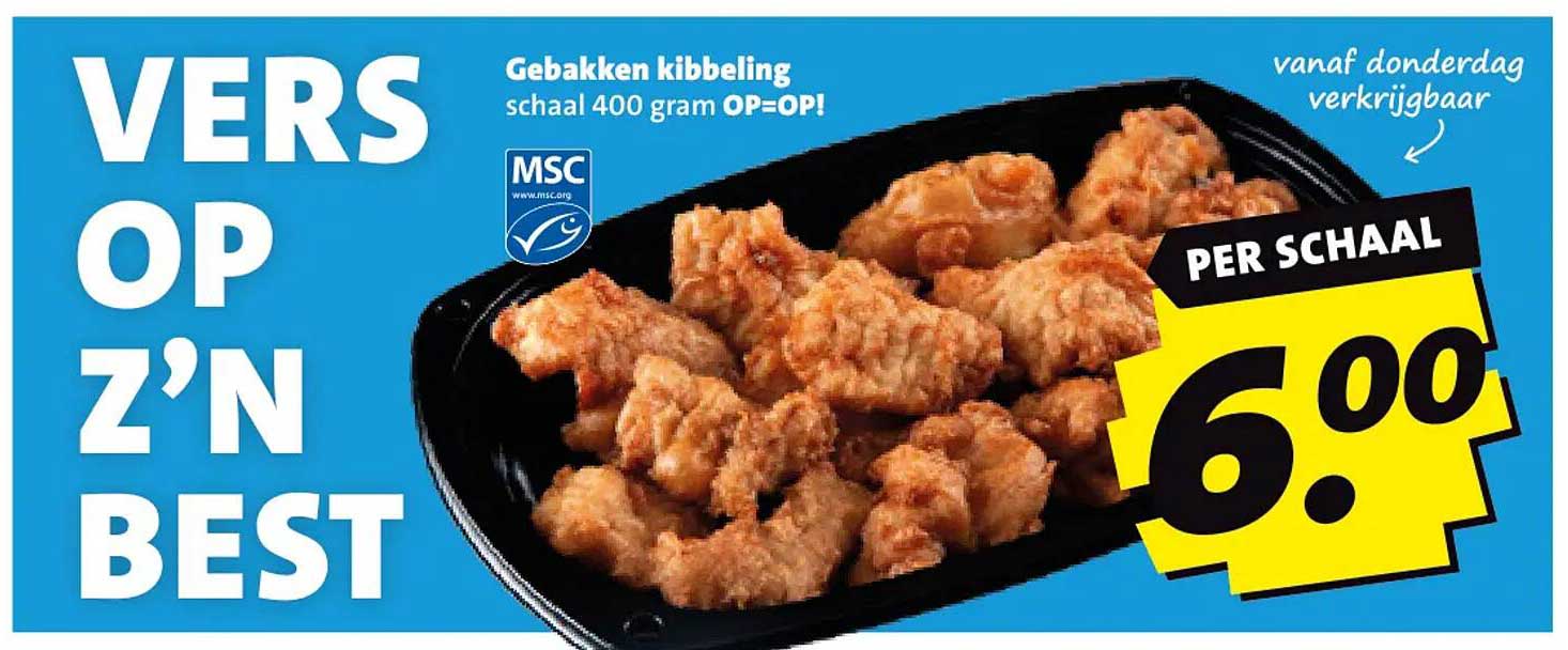 Gebakken kibbeling schaal 400 gram OP=OP!