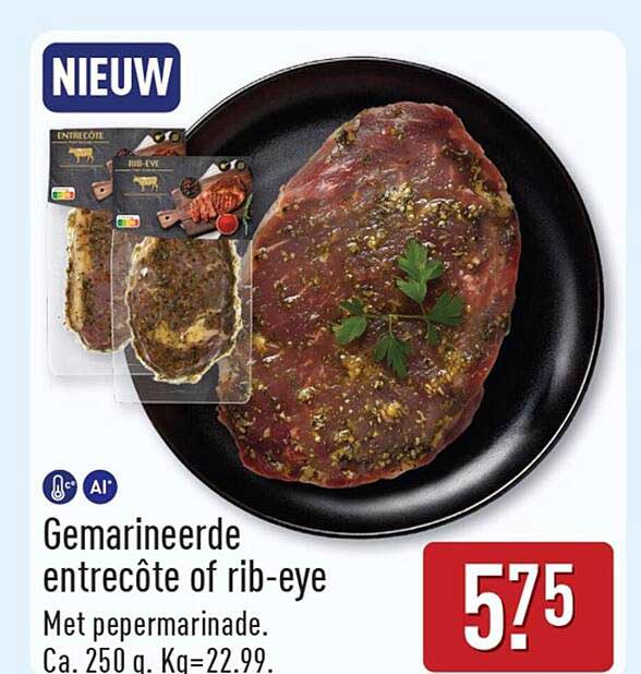 Gemarineerde entrecôte of rib-eye Met pepersmarinade. Ca. 250 g. Kg=22.99.
