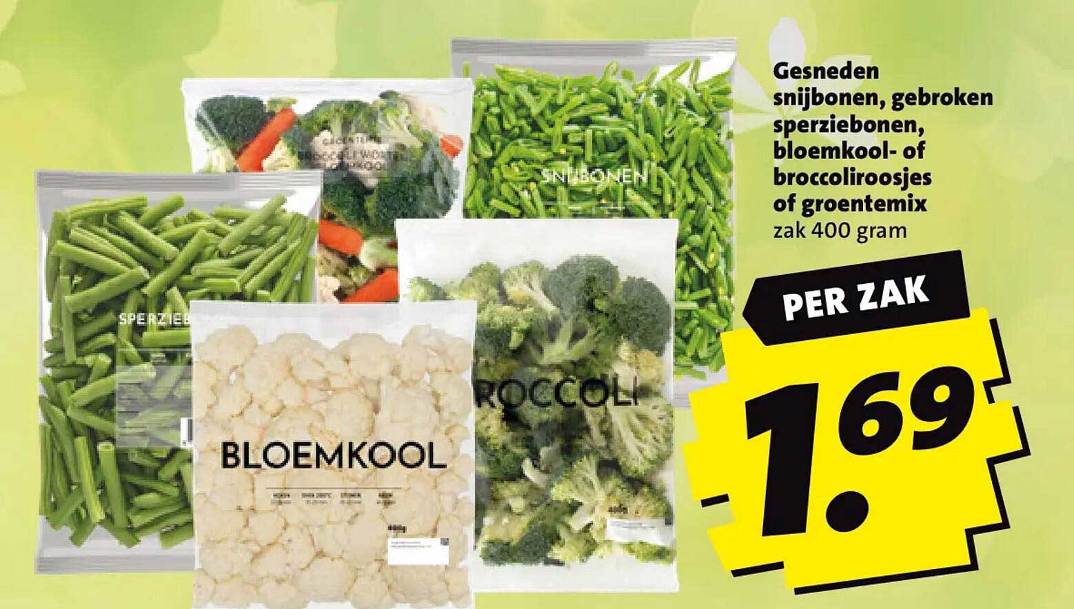 Gesneden snijbonen, gebroken sperziebonen, bloemkool- of broccoliroosjes of groentemix zak 400 gram PER ZAK