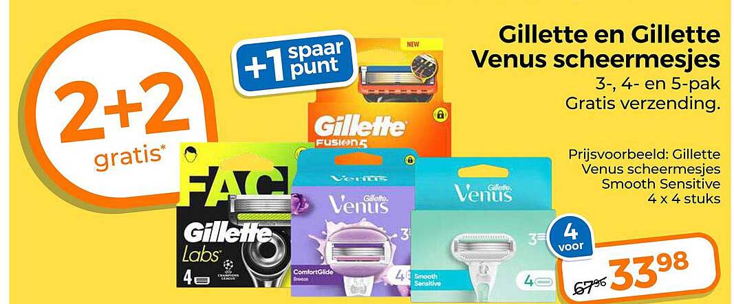 Gillette en Gillette Venus scheermesjes 3-, 4- en 5-pak 2+2 gratis +1 spaarpunt
