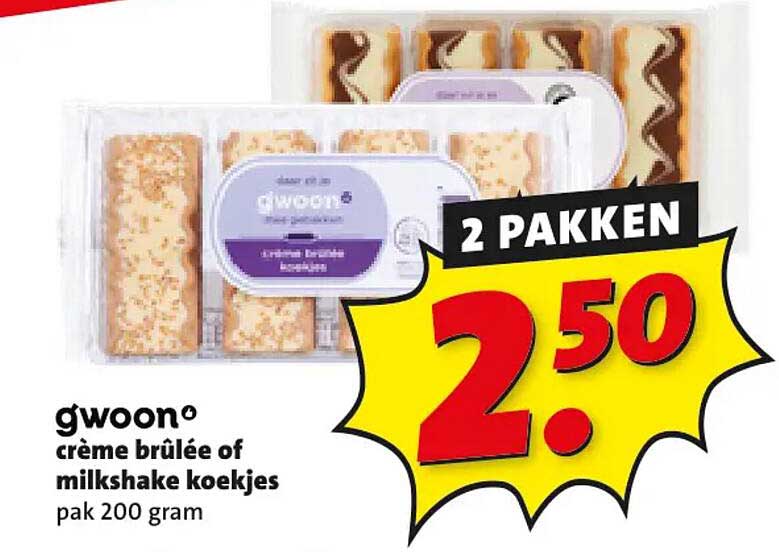 g'woon crèmé brûlée of milkshake koekjes pak 200 gram 2 pakken