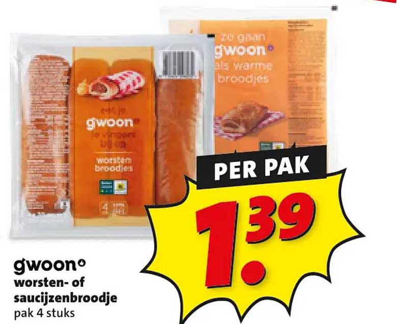 g'woon worsten- of saucijzenbroodje pak 4 stuks PER PAK