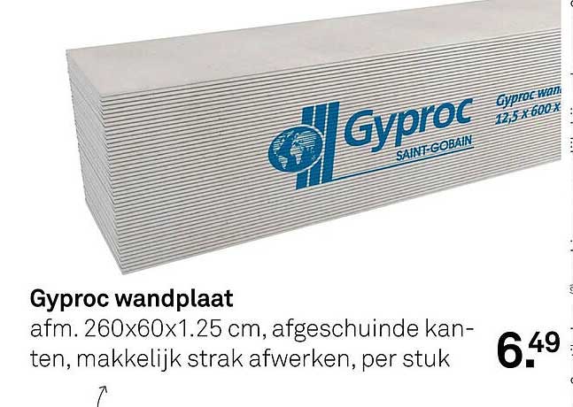 Gyproc wandplaat afm. 260x60x1.25 cm, afgeschuinde kanten, makkelijk strak afwerken, per stuk