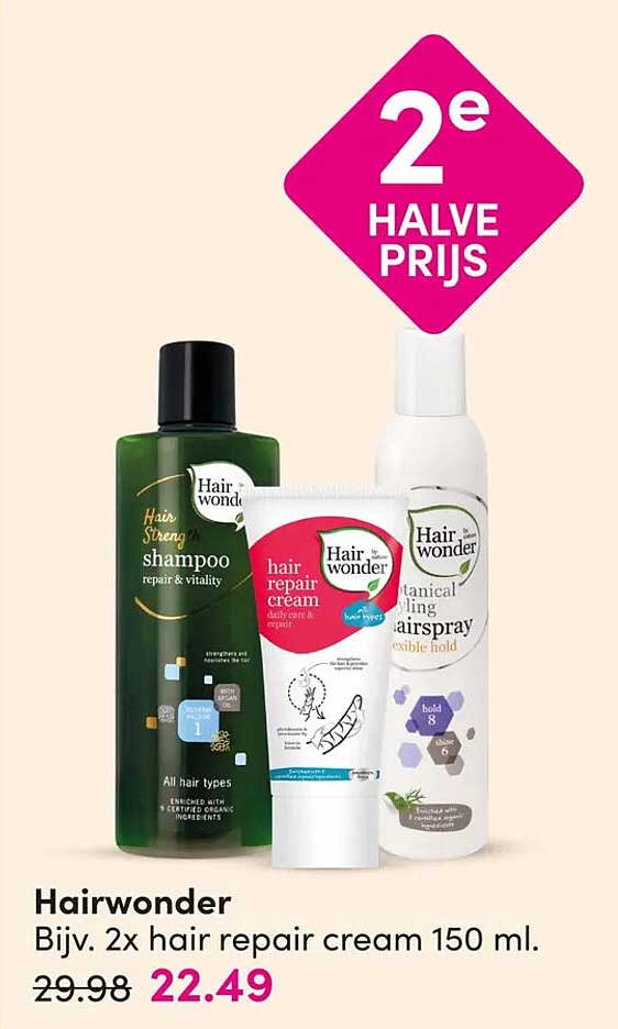 Hairwonder Bijv. 2x hair repair cream 150 ml. 2e halve prijs
