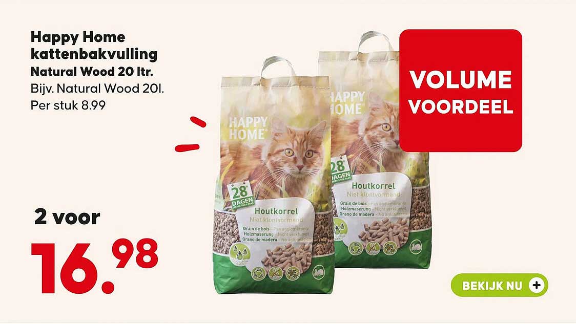 Happy Home kattenbakvulling Natural Wood 20 ltr. Volume Voordeel