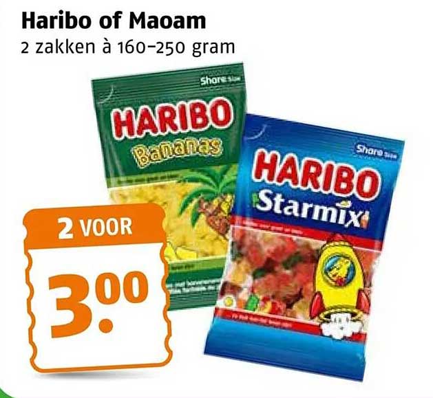 Haribo of Maoam 2 zakken à 160-250 gram 2 voor 3.00