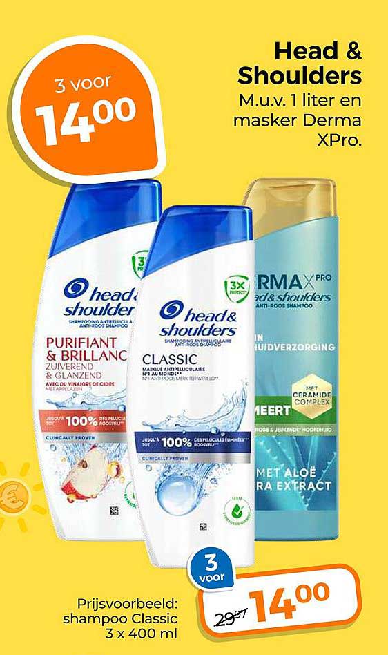 Head & Shoulders M.u.v. 1 liter en masker Derma XPro. 3 voor 14.00