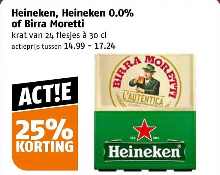 Heineken, Heineken 0.0% of Birra Moretti krat van 24 flesjes à 30 cl ACTIE 25% KORTING