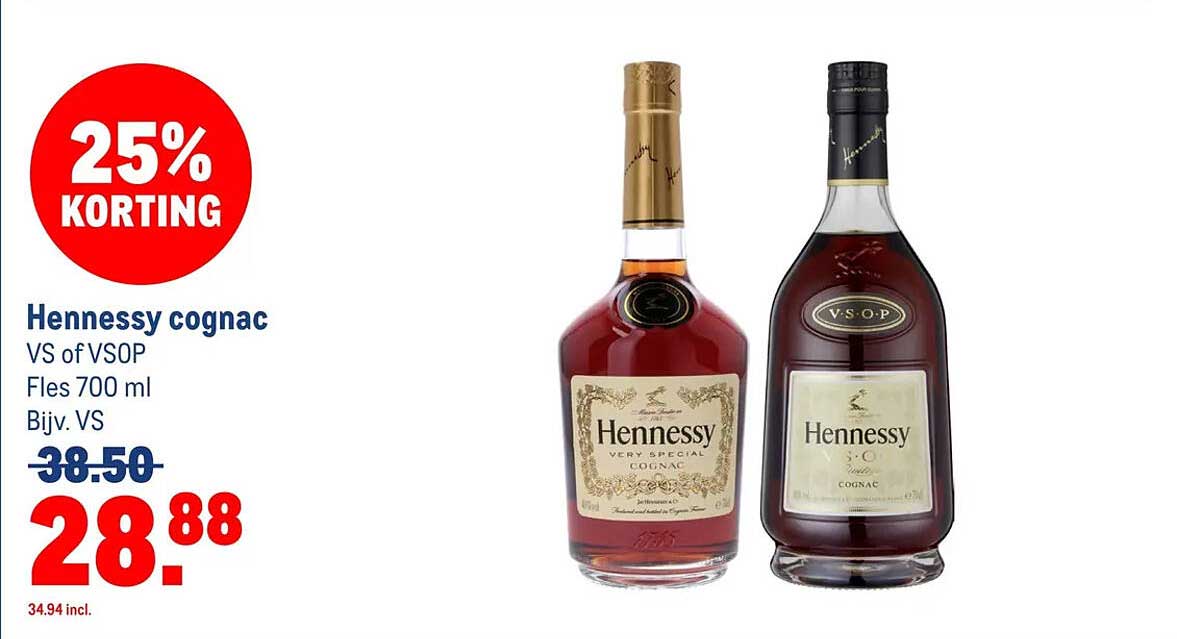 Hennessy cognac VS of VSOP Fles 700 ml Bijv. VS 25% KORTING