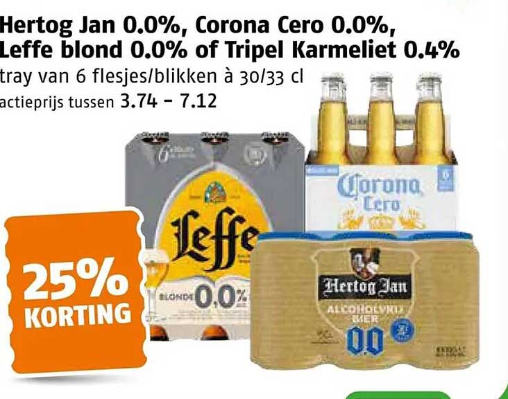 Hertog Jan 0.0%, Corona Cero 0.0%, Leffe blond 0.0% of Tripel Karmeliet 0.4% 25% KORTING