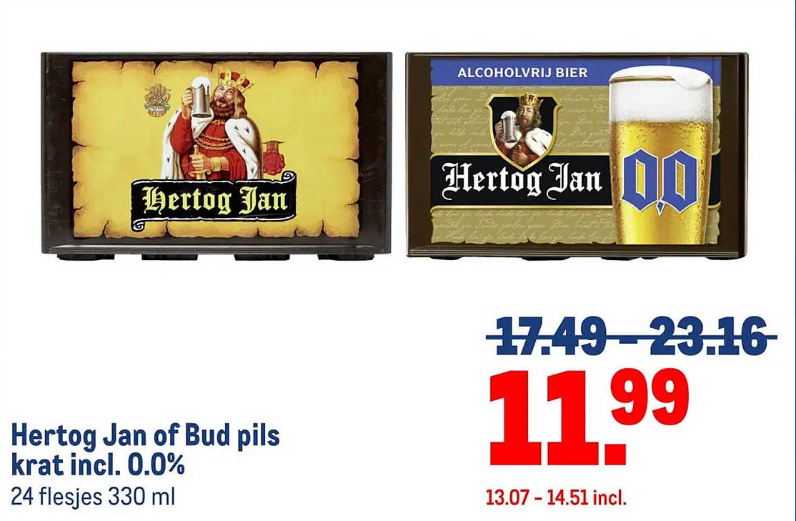Hertog Jan of Bud pils krat incl. 0.0% 24 flesjes 330 ml
