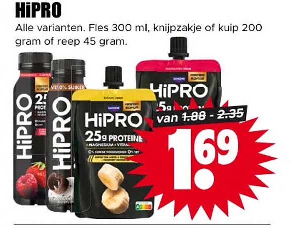 HiPRO Alle varianten. Fles 300 ml, knijpzakje of kuip 200 gram of reep 45 gram