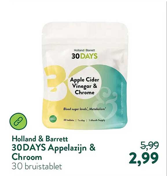 Holland & Barrett 30DAYS Appelazijn & Chroom 30 bruistablet