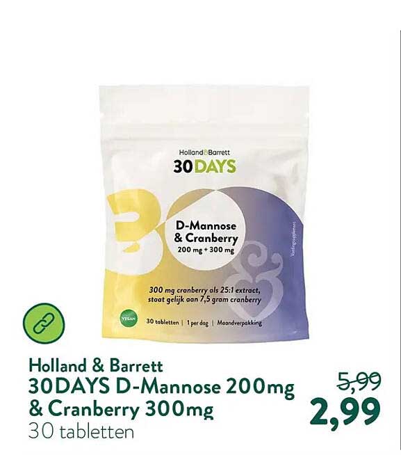Holland & Barrett 30DAYS D-Mannose 200mg & Cranberry 300mg 30 tabletten