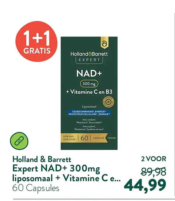 Holland & Barrett Expert NAD+ 300mg liposomaal + Vitamine C e... 60 Capsules 1+1 GRATIS