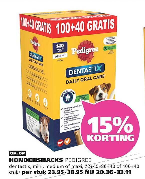 HONDENSNACKS PEDIGREE dentastix, mini, medium of maxi, 72+40, 86+40 of 100+40 stuks per stuk 15% KORTING