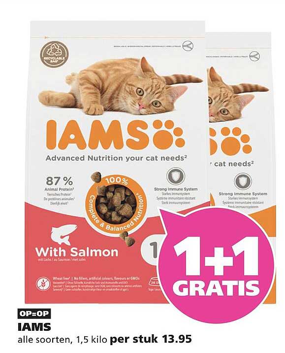 IAMS alle soorten, 1,5 kilo per stuk 1+1 gratis