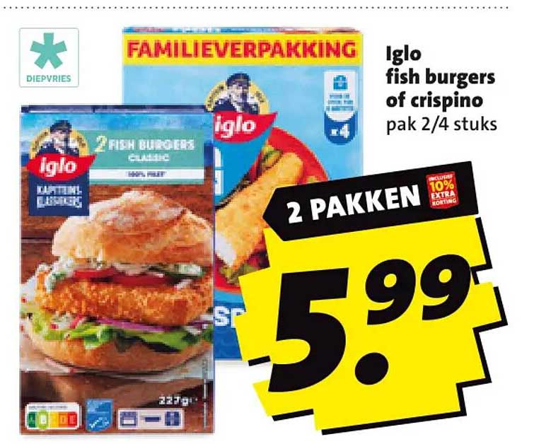 Iglo fish burgers of crispino pak 2/4 stuks