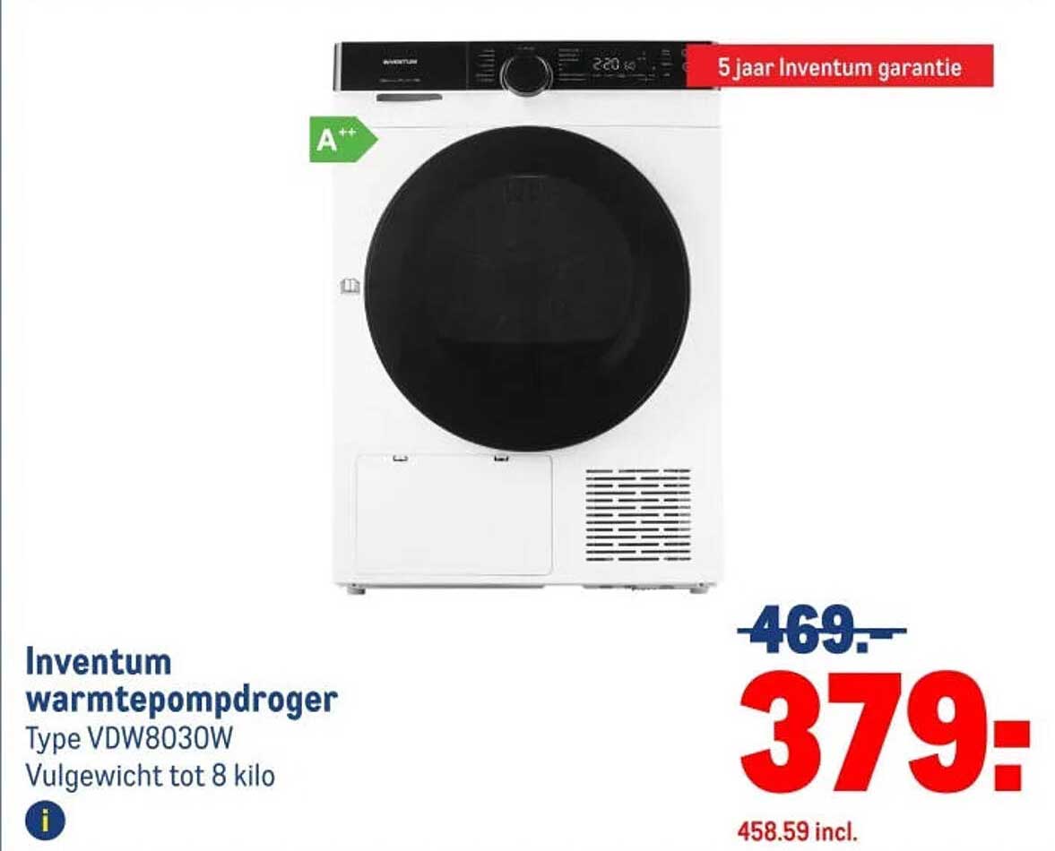 Inventum warmtepompdroger Type VDW8030W Volgegewicht tot 8 kilo