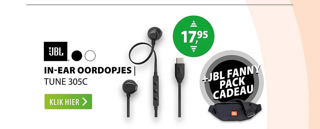 JBL IN-EAR OORDOPJES TUNE 305C + JBL FANNY PACK CADEAU