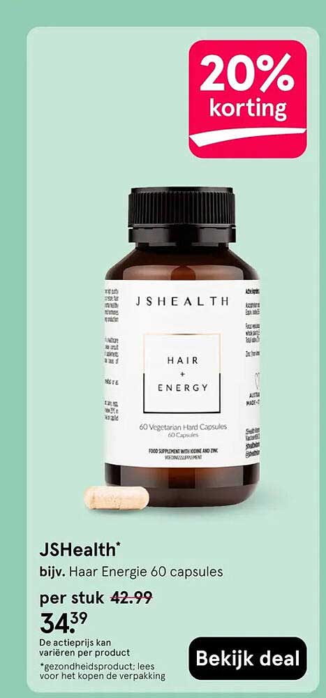 JSHealth* bijv. Haar Energie 60 capsules 20% korting