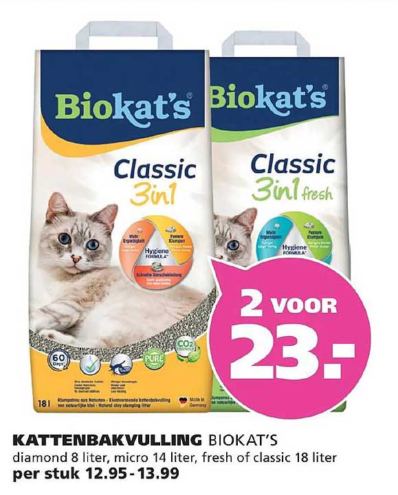 KATTENBAKVULLING BIOKAT’S diamond 8 liter, micro 14 liter, fresh of classic 18 liter per stuk 12.95-13.99 2 voor 23,-