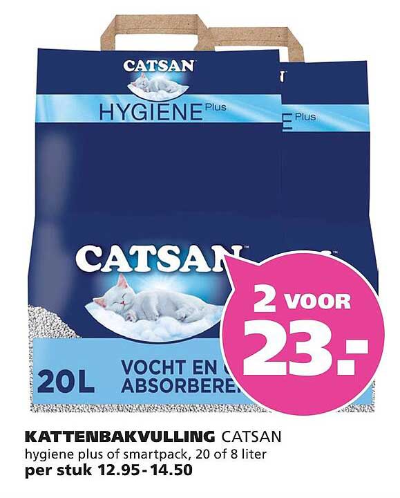 Kattenbakvulling CATSAN hygiene plus of smartpack, 20 of 8 liter 2 voor 23,-