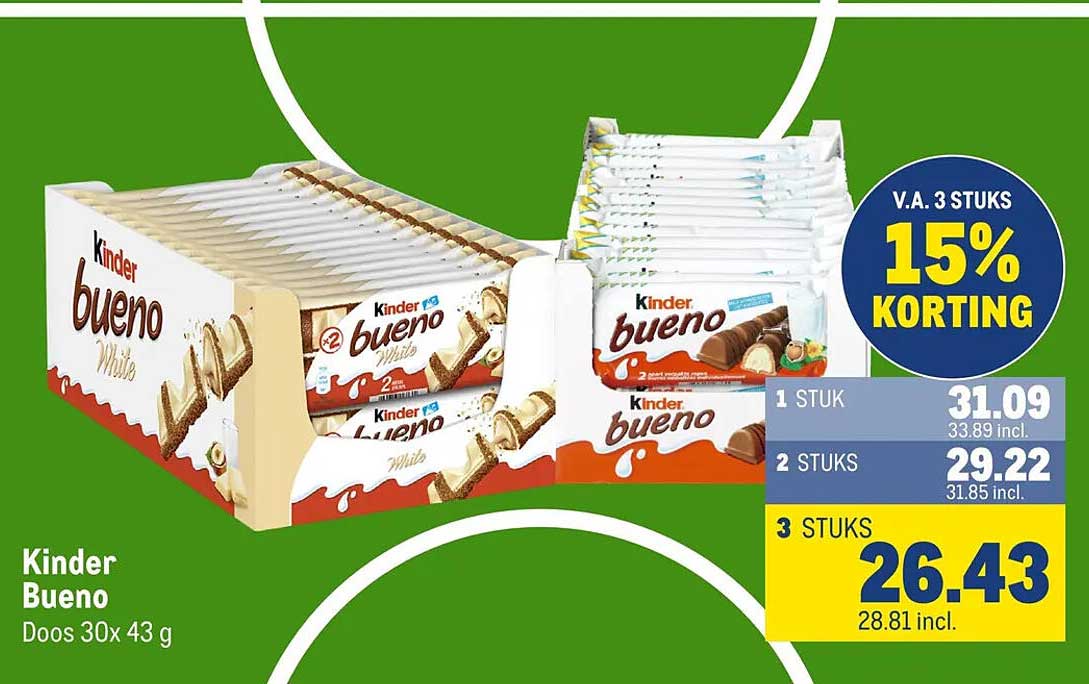 Kinder Bueno Doos 30x 43 g V.A. 3 STUKS 15% KORTING