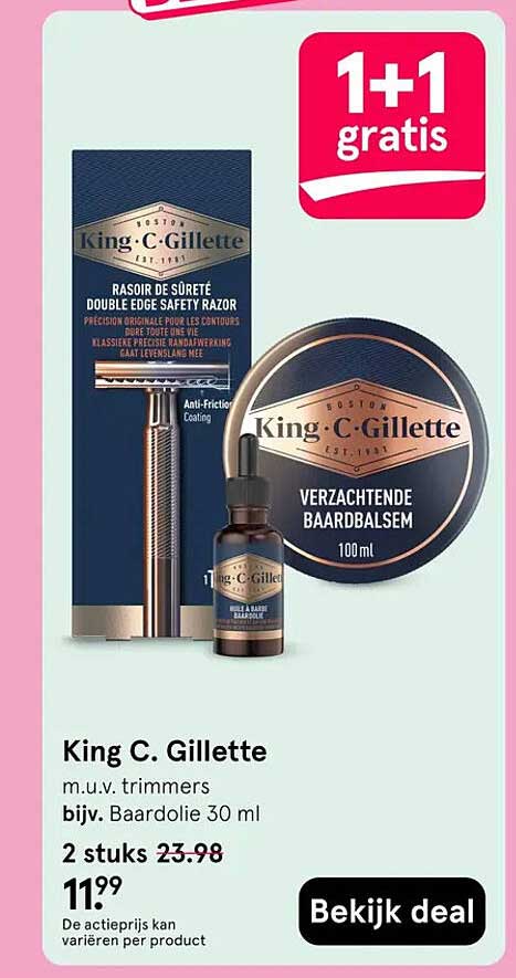 King C. Gillette m.u.v. trimmers bijv. Baardolie 30 ml 1+1 gratis