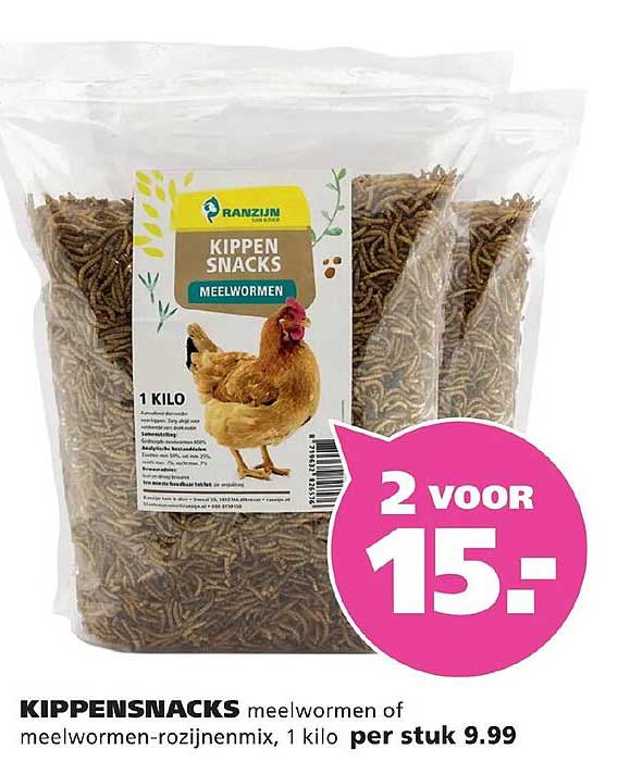 KIPPENSNACKS meelwormen of meelwormen-rozijnenmix, 1 kilo per stuk