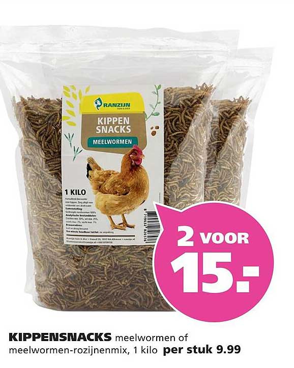 KIPPENSNACKS meelwormen of meelwormen-rozijnenmix, 1 kilo per stuk 9.99 2 voor 15.-