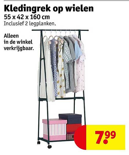 Kledingrek op wielen 55 x 42 x 160 cm Inclusief 2 legplanken.