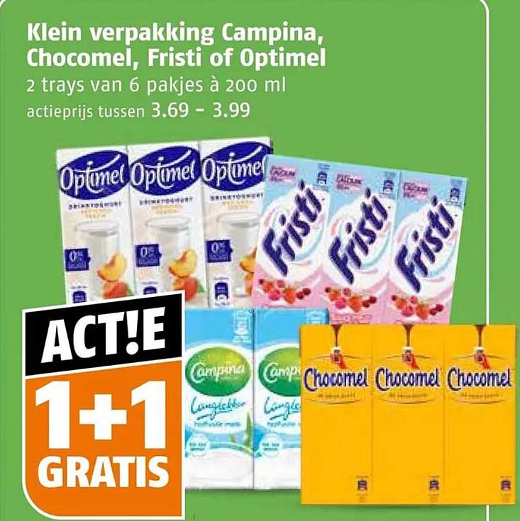 Klein verpakking Campina, Chocomel, Fristi of Optimel 1+1 GRATIS
