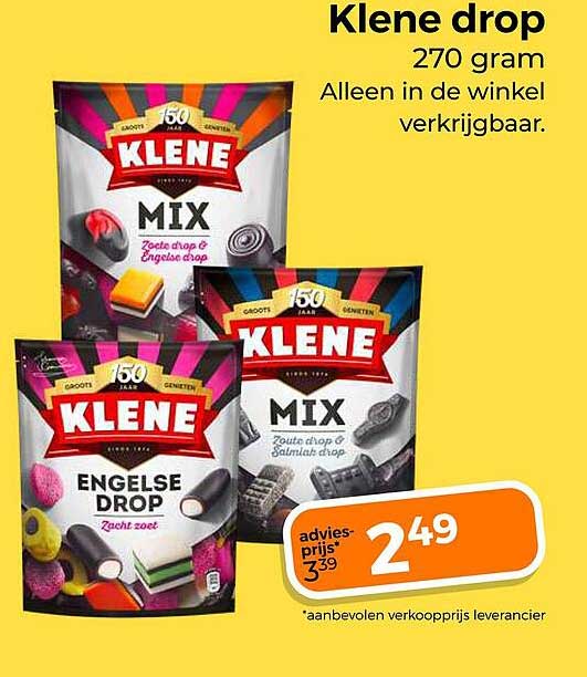 Klene drop 270 gram Alleen in de winkel verkrijgbaar.