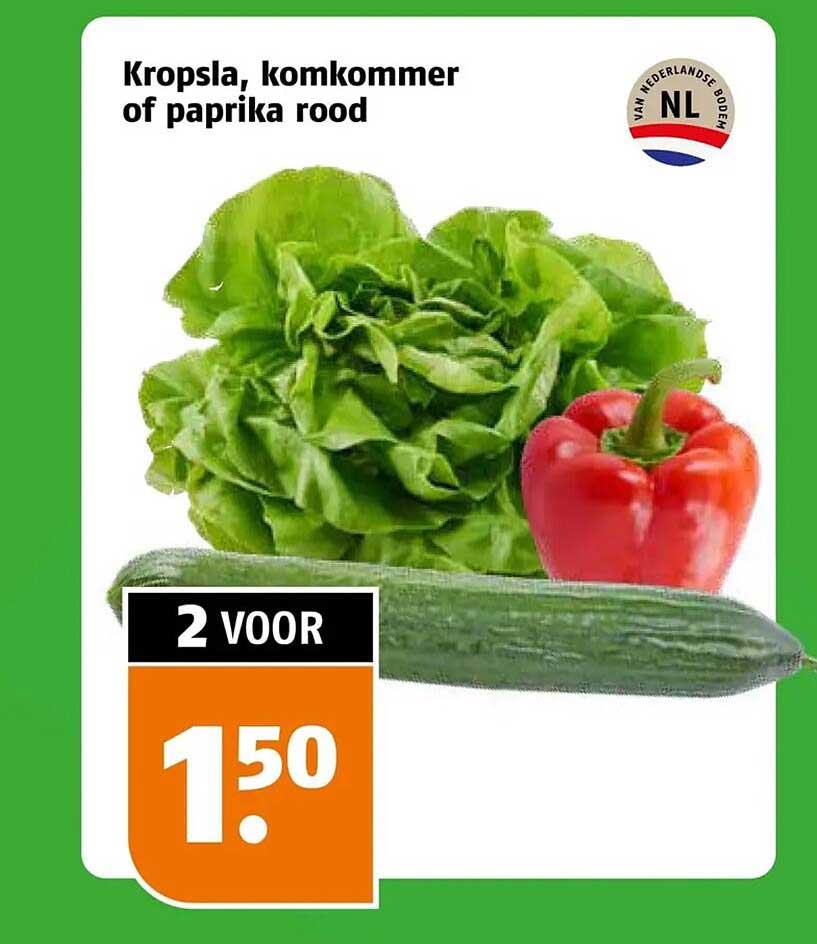 Kropsla, komkommer of paprika rood 2 voor 1.50