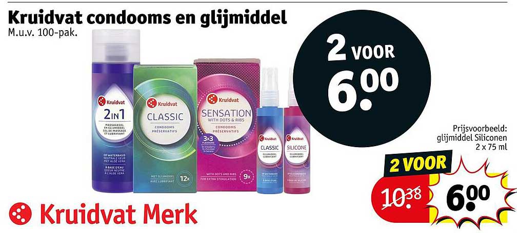 Kruidvat condooms en glijmiddel M.u.v. 100-pak. 2 voor 6.00