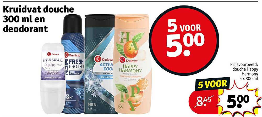 Kruidvat douche 300 ml en deodorant 5 voor 5.00