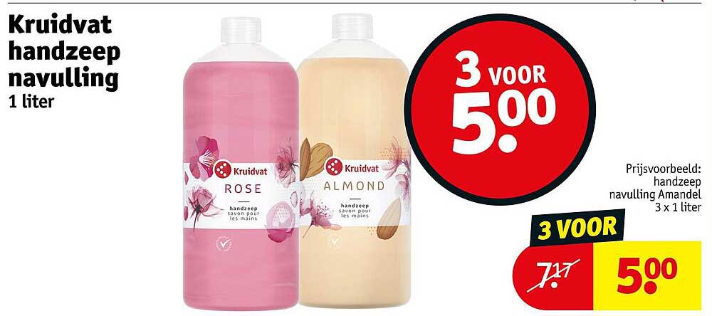 Kruidvat handzeep navulling 1 liter 3 voor 5.00